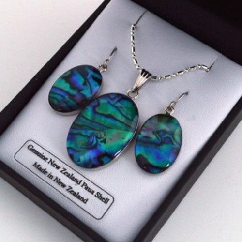 NZ Paua oval shape earring and pendant set, silver plated