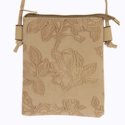 Handy shoulder bag with embossed hibiscus patter - taupe