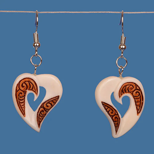 NZ Bone heart earring with stained pattern work on hooks