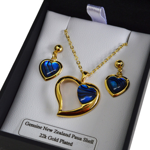 NZ Paua heart in gold plated heart pendant and earring set
