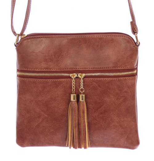 Zip front bag with Tassels - Tan