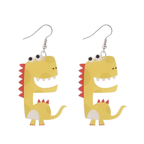 Yellow dinosaur with pink spikes earrings on hooks