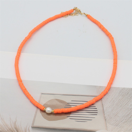 Threaded flat bead necklace with faux pearl - neon orange