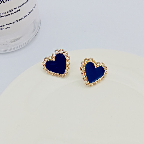 Navy Blue in gold shaped heart stud earring on posts