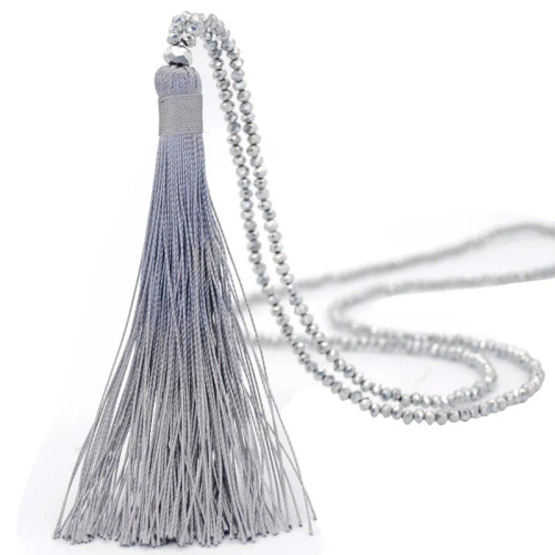 Tassel on beaded necklace -silver