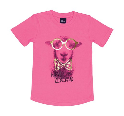 Kids NZ Souvenir T Shirt - NZ Sheep with glasses - Pink (Various sizes)