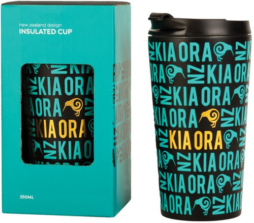 NZ souvenir Kia Ora Insulated Cup in black and teal