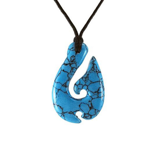 Turquoise  Fish hook pendant with carved detail on cord