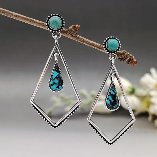 Boho style geometric hollow earrings with turquoise stone drop on studs