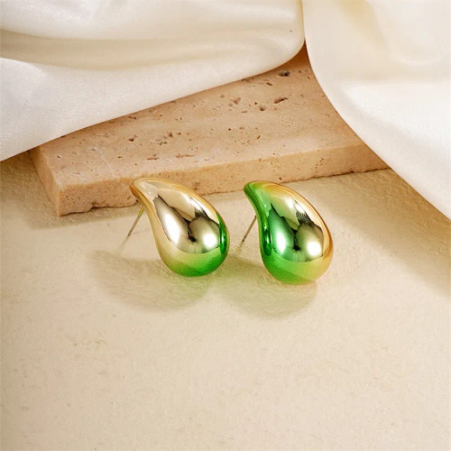 Large teardrop earring on posts - gold colour with green splash