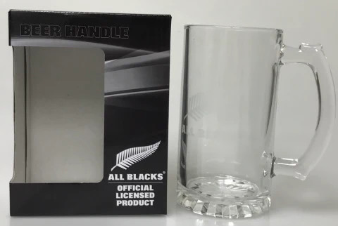 All Blacks handled beer glass with frosted All Blacks logo and black presentation box