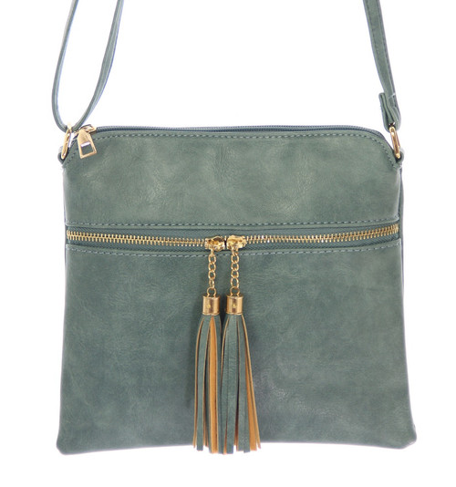 Zip front bag with Tassels - denim