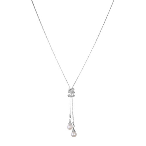 Long silver adjustable necklace with diamantes and faux pearls