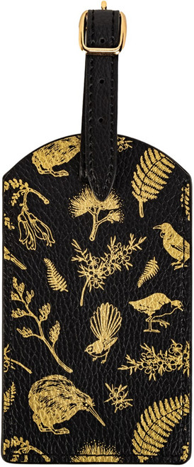 Black and gold colour leather-look luggage tag with NZ native bird and flora design