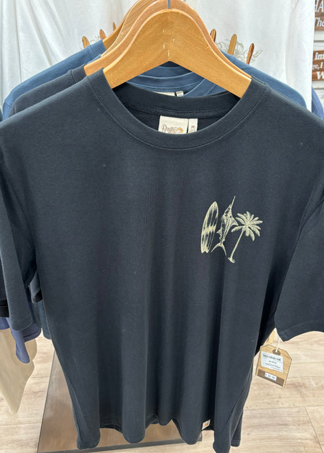 Black Napier NZ souvenir T-shirt - surfboard, fish and palm tree design on front and back- Size XXL