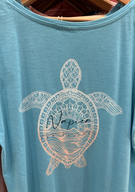 Bright blue Napier NZ souvenir women's T-shirt with turtle design on front and back -Size L