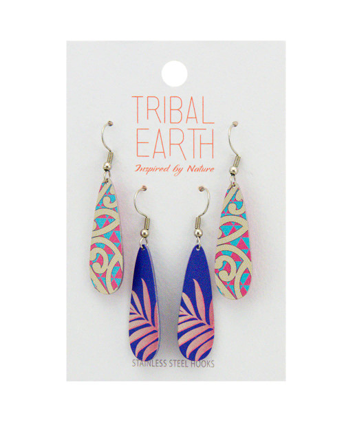 Pink and purple hues Fern and Kowhaiwhai inspired teardrop earrings on hooks