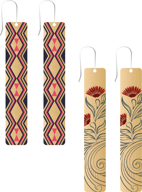Set of 2 pairs of rectangle dangly earrings on hooks, cream with pohutukawa flower, and maori art design
