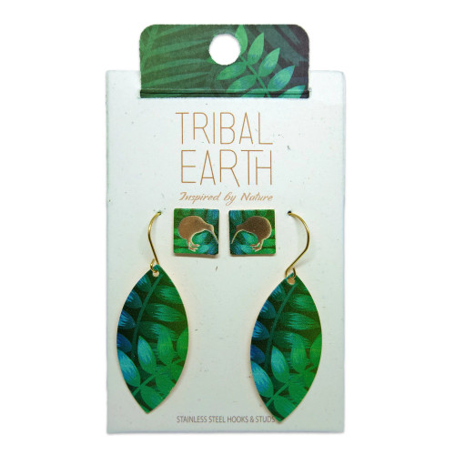 NZ Kiwi and Fern teardrop earring and pair of studs set