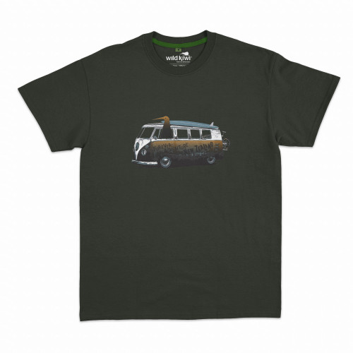 Dark grey NZ Souvenir T Shirt  with Kiwi in a a Kombi van, and words forever ADVENTURE  Kiwi kombi Road trip (various sizes)