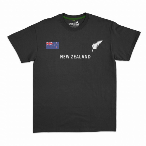 Black NZ Souvenir  T Shirt  with  NZ Flag and Silver Fern design