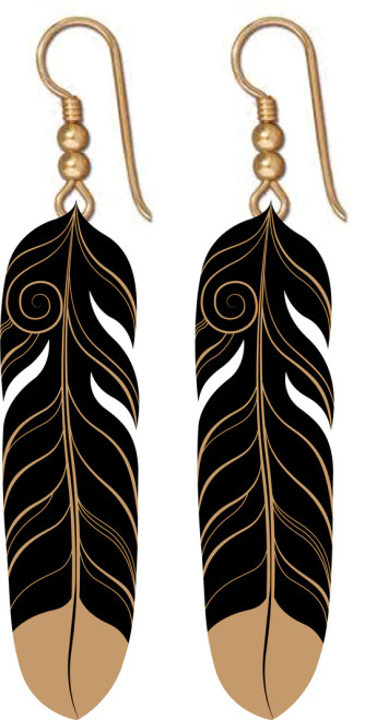 Black and gold-coloured stainless steel huia feather drop earrings on hooks