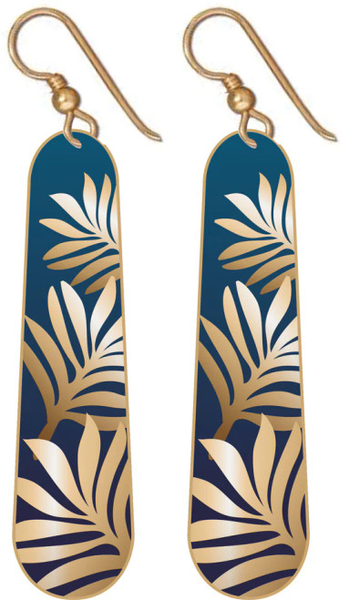 Blue oval edged dangly earrings with cream leaf design