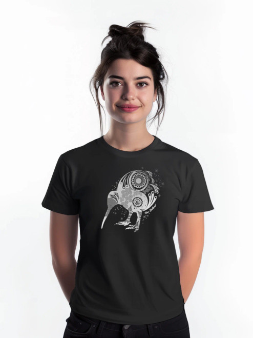 Womens NZ souvenir T-shirt in black - silver kiwi