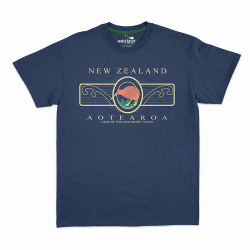 Mens NZ souvenir T-shirt in navy - embroidered kiwi and koru