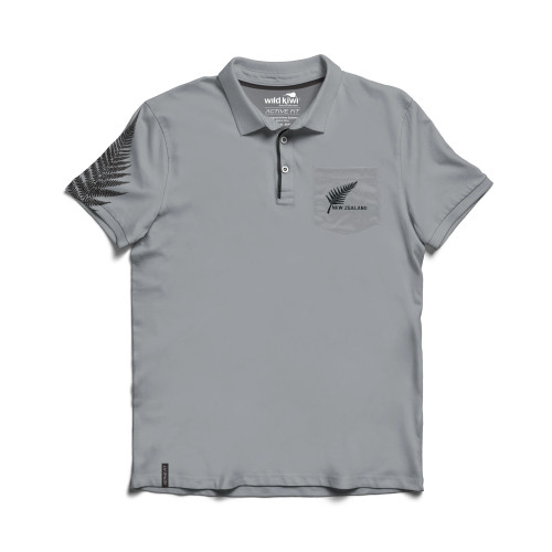 Grey NZ souvenir polo shirt with NZ silver fern design