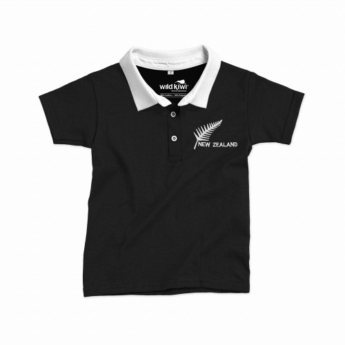 Black children's NZ souvenir short sleeve rugby shirt with silver fern