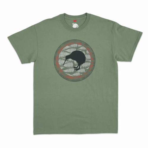 Mens NZ souvenir T-shirt in green - kiwi and ferns