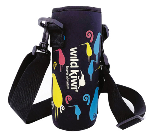 Black bottle holder with retro style kiwi design