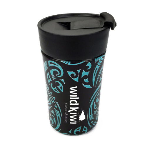 Black 350ml insulated stainless steel travel mug with teal kōwhaiwhai design