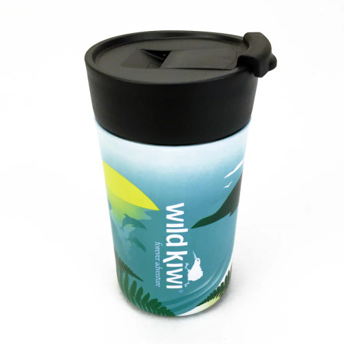 NZ souvenir stainless steel reusable insulated travel mug - nz scenery and kombi van