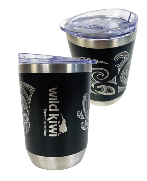 Black 360ml insulated stainless steel travel cup with kōwhaiwhai design