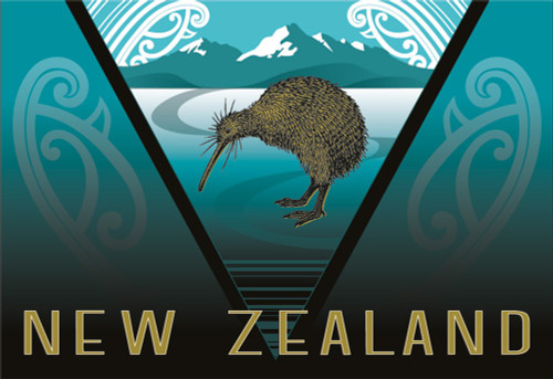 NZ souvenir magnet - kiwi and mountains