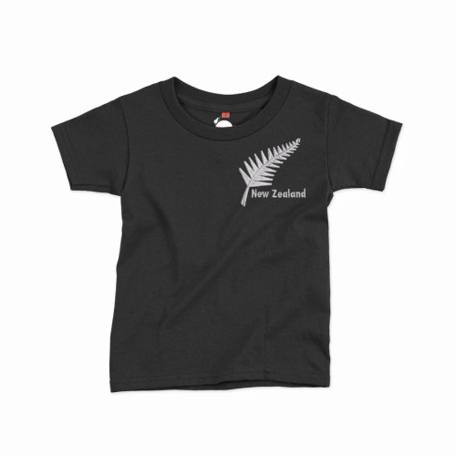 Black NZ souvenir children's T-shirt  with embroidered fern