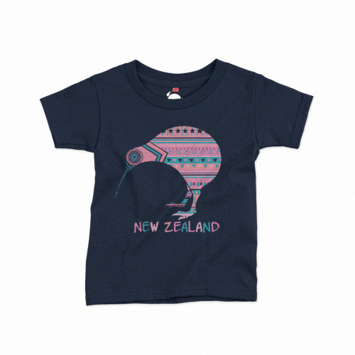 Navy blue NZ souvenir children's T-shirt with pink patterned kiwi design