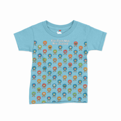 NZ souvenir children's T-shirt- Blue with Kiwi flash-mob design  - various sizes