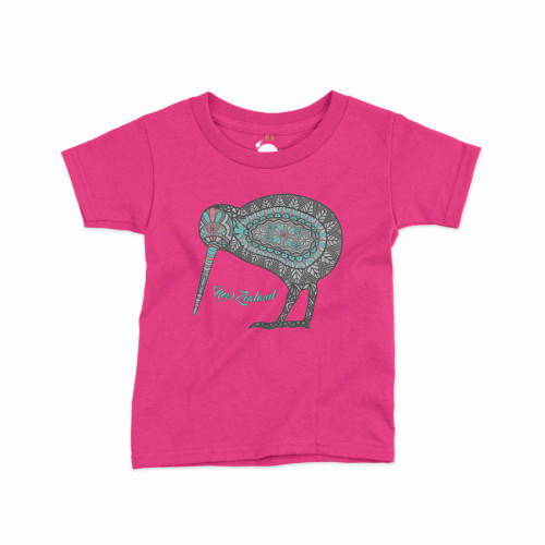 Hot pink NZ souvenir children's T-shirt with colourful kiwi  design