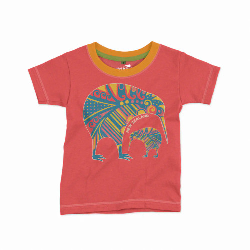 Coral NZ souvenir children's T-shirt with two colourful kiwis design