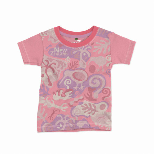 Pink camouflage NZ souvenir children's T-shirt with kiwi design