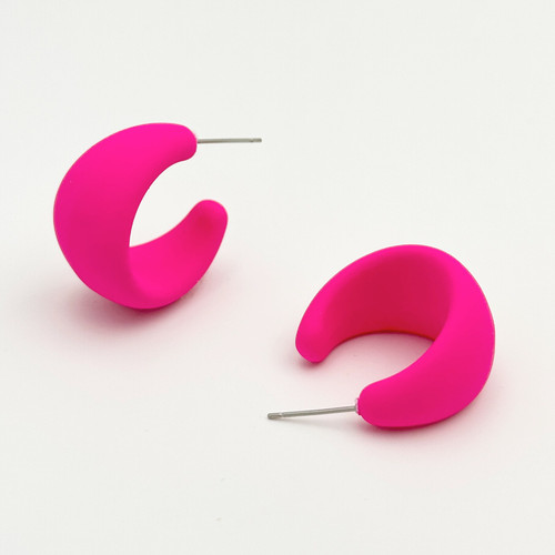 Bright pink C shape earrings on silver colour posts