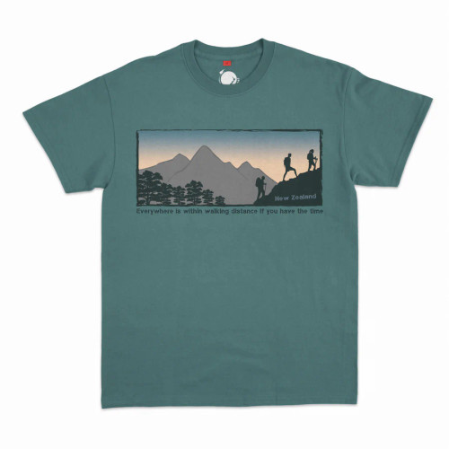 Green men's NZ souvenir T-shirt with mountain scene and trampers