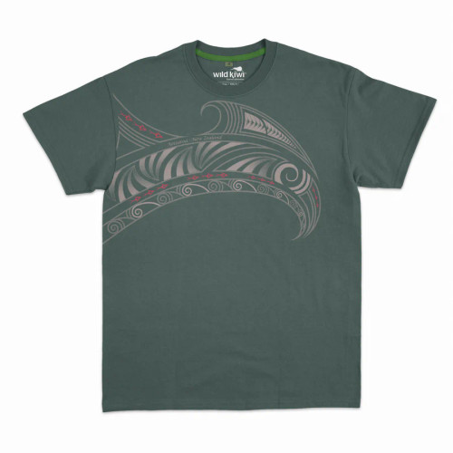 Dark grey men's NZ souvenir T-shirt with mako shark tattoo style design
