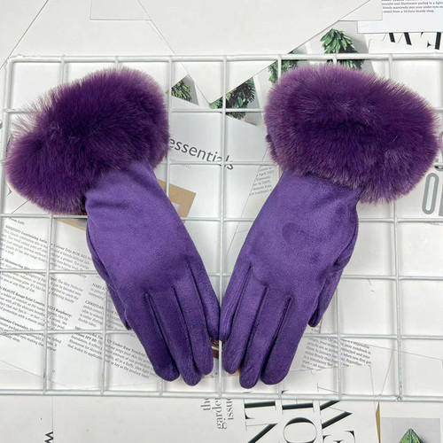 Womens solid colour gloves with faux fur cuff -  Purple