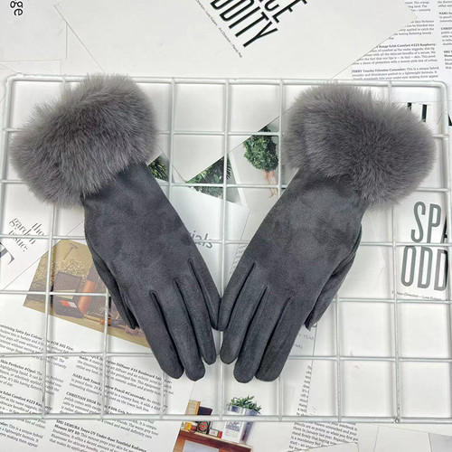 Womens solid colour gloves with faux fur cuff - charcoal