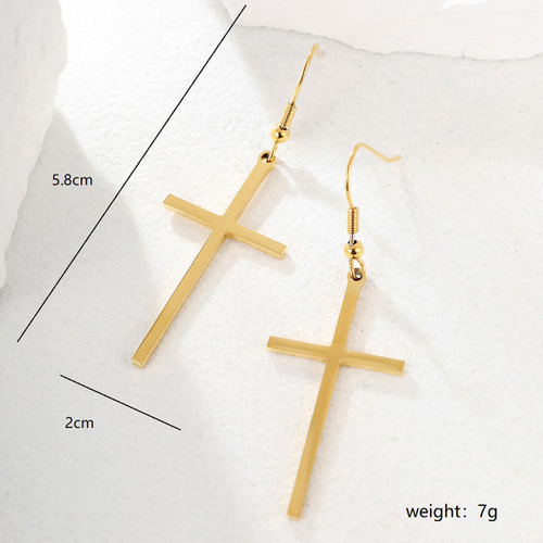 Gold coloured stainless steel cross earrings on hooks