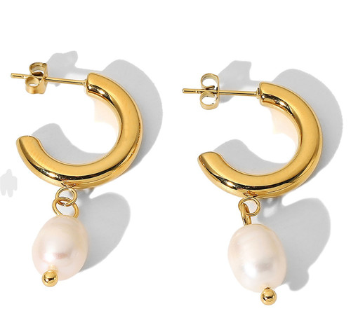 Gold coloured C shape earrings with dangling faux pearl on posts